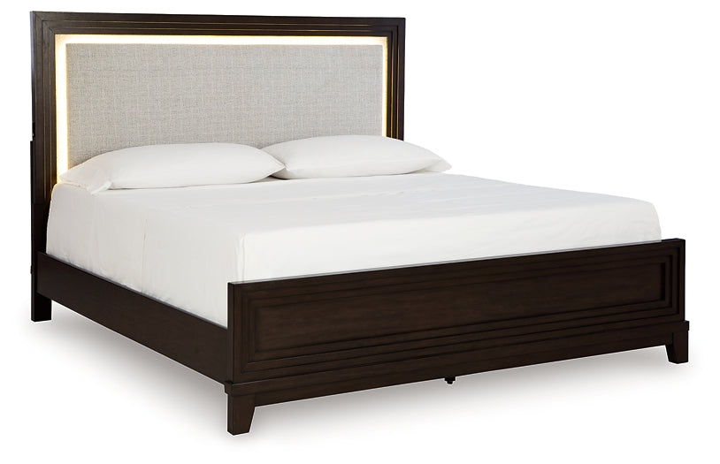 Neymorton California King Upholstered Panel Bed with 2 Nightstands