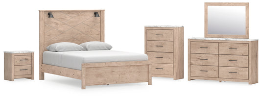 Senniberg Queen Panel Bed with Mirrored Dresser, Chest and Nightstand