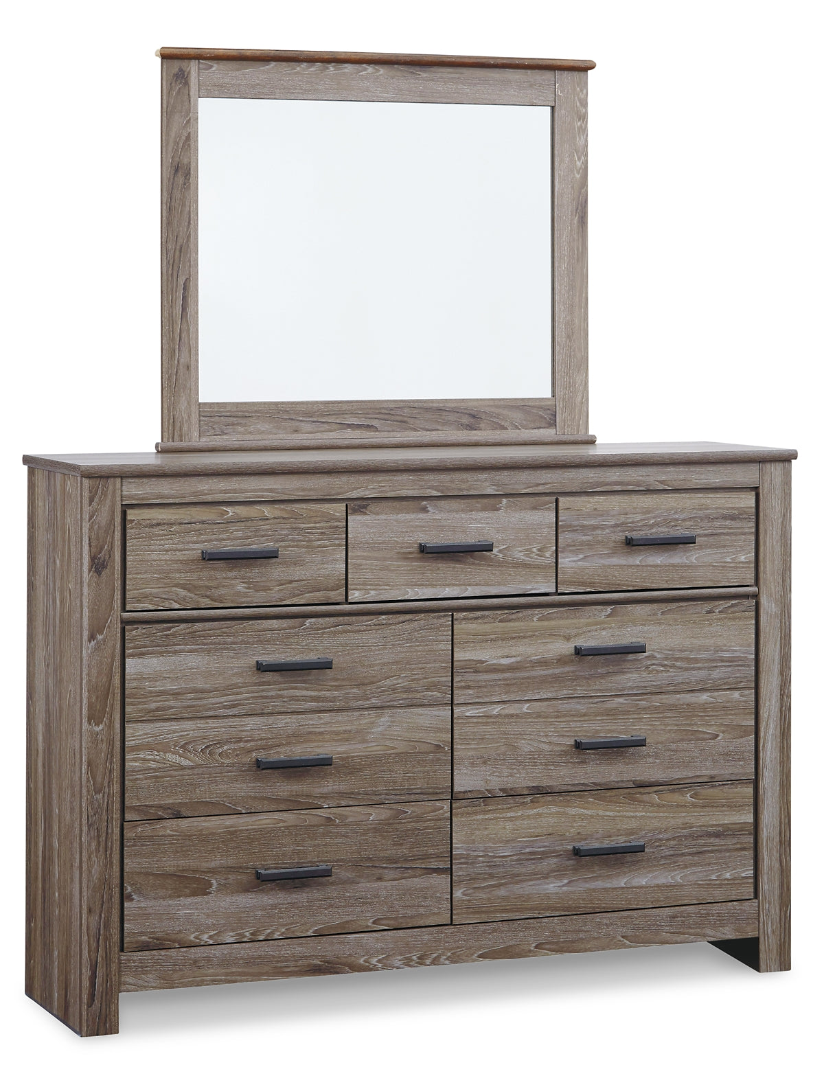 Zelen King Panel Bed with Mirrored Dresser, Chest and Nightstand