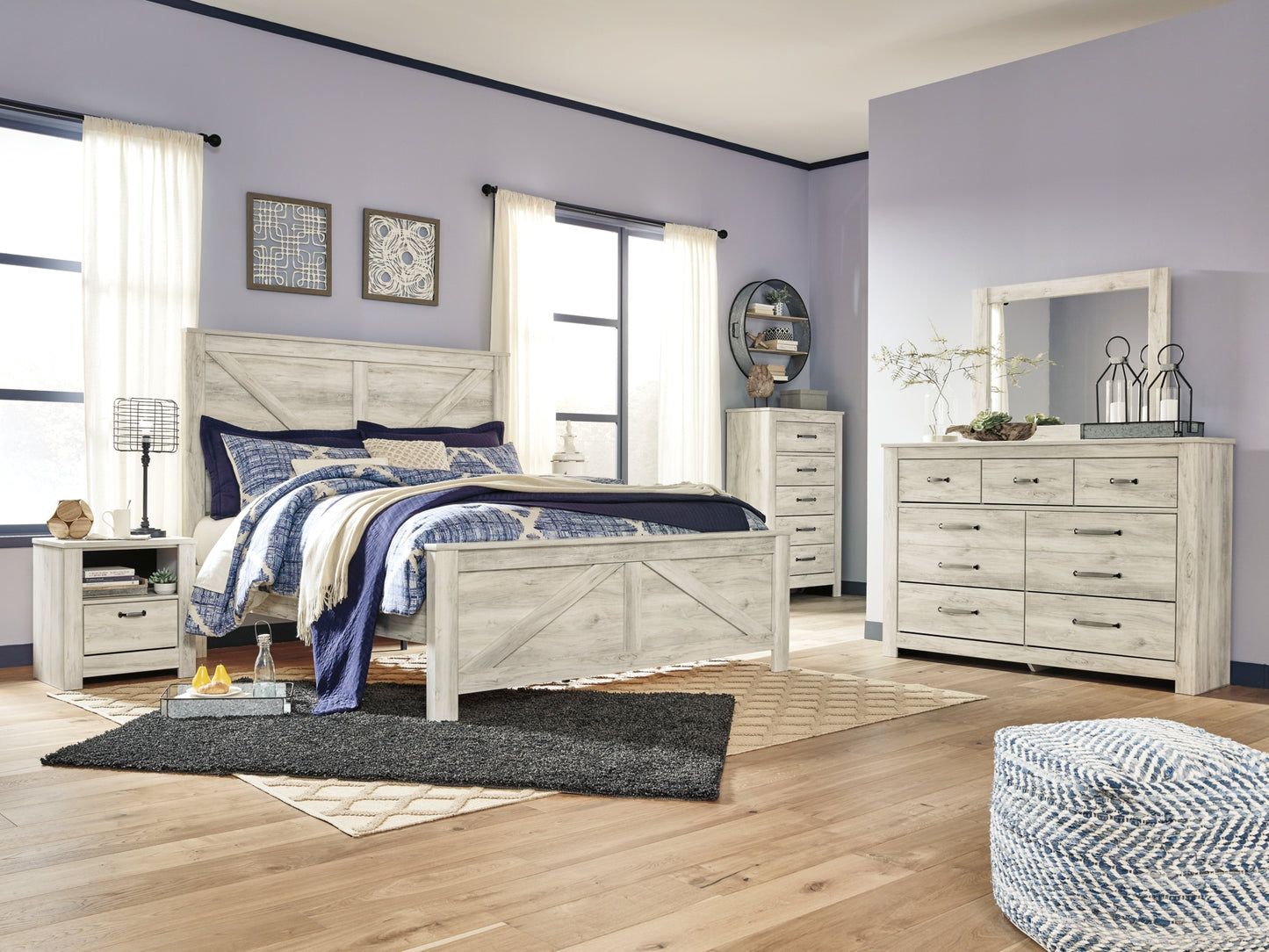 Bellaby  Crossbuck Panel Bed With Mirrored Dresser, Chest And 2 Nightstands