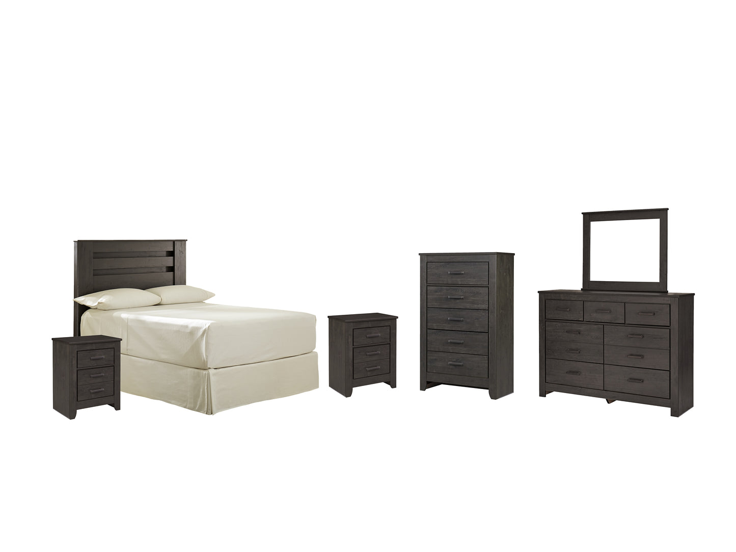 Brinxton Full Panel Headboard with Mirrored Dresser, Chest and 2 Nightstands