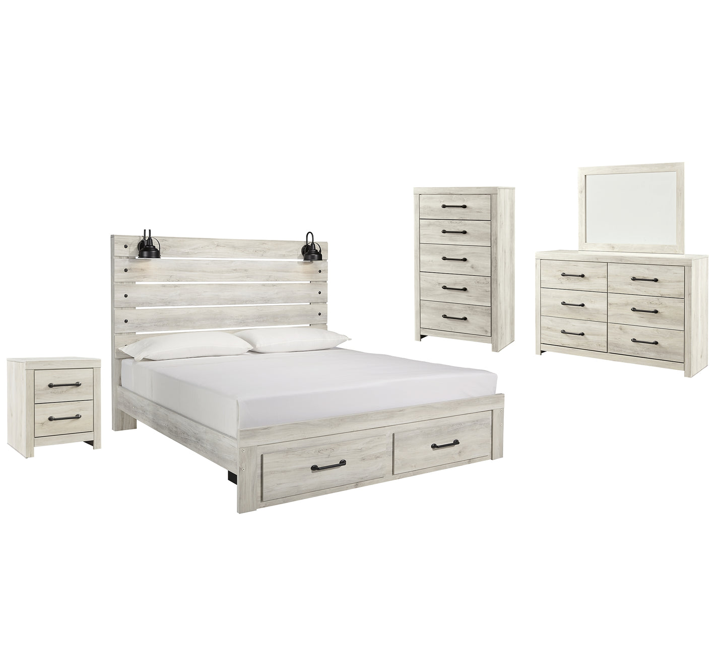 Cambeck  Panel Bed With 2 Storage Drawers With Mirrored Dresser, Chest And Nightstand