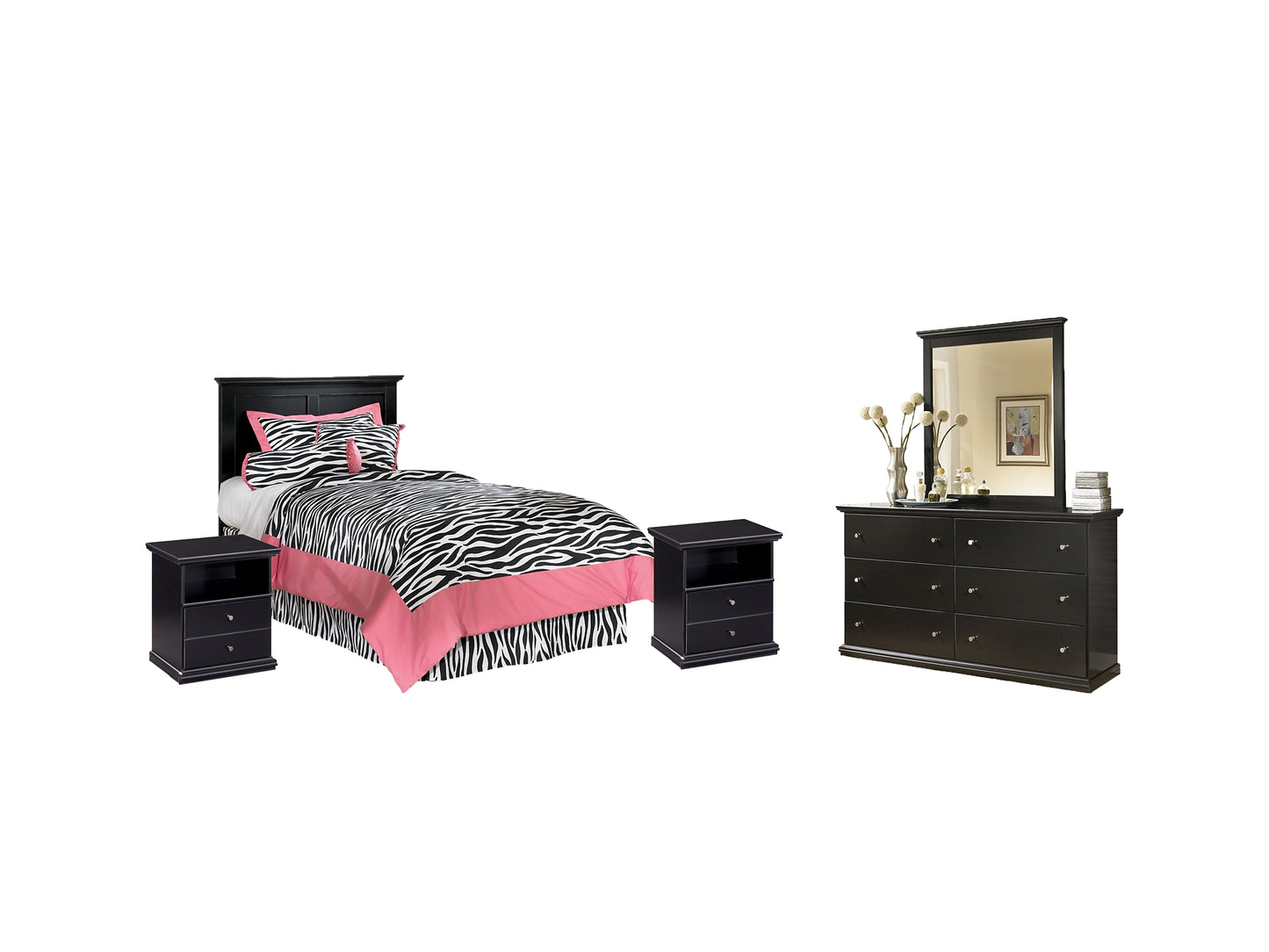 Maribel Twin Panel Headboard with Mirrored Dresser and 2 Nightstands