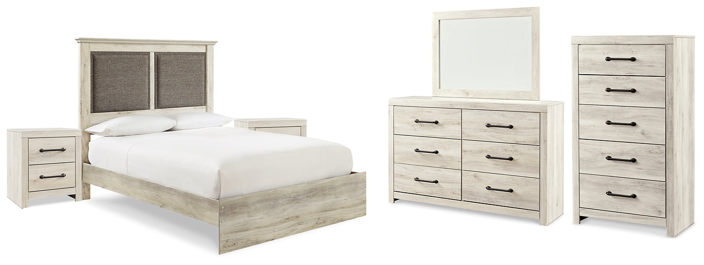 Cambeck Queen Upholstered Panel Bed with Mirrored Dresser, Chest and 2 Nightstands