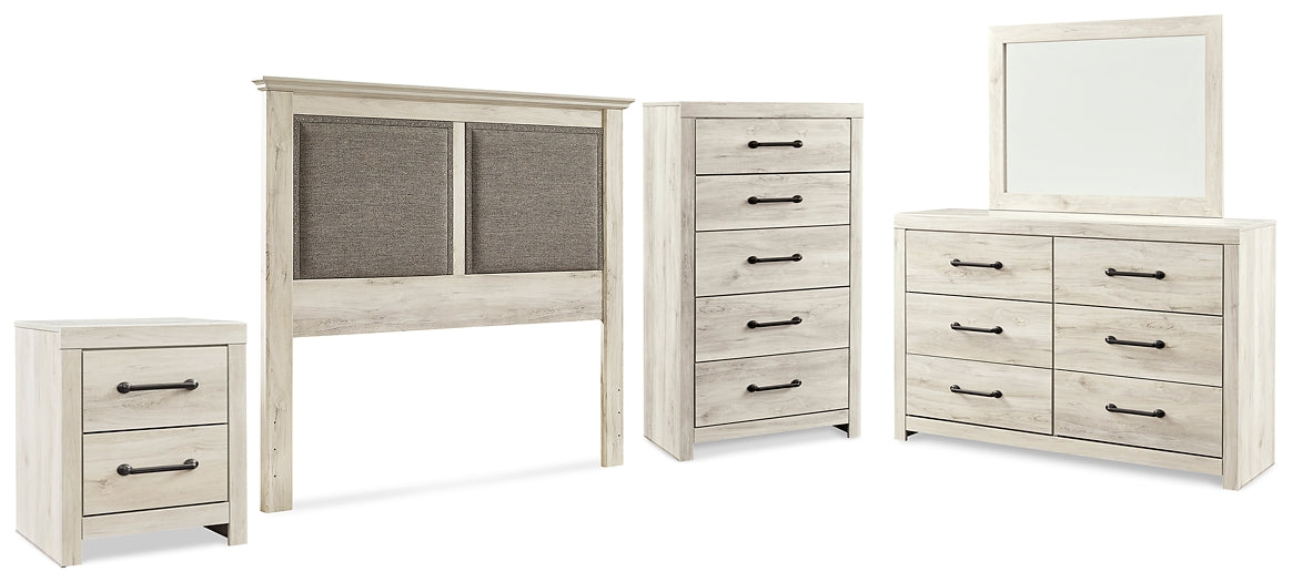 Cambeck King/California King Upholstered Panel Headboard with Mirrored Dresser, Chest and Nightstand