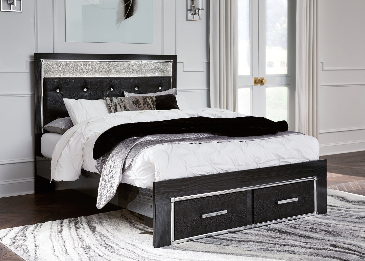 Kaydell Queen Upholstered Panel Storage Platform Bed with Mirrored Dresser, Chest and 2 Nightstands