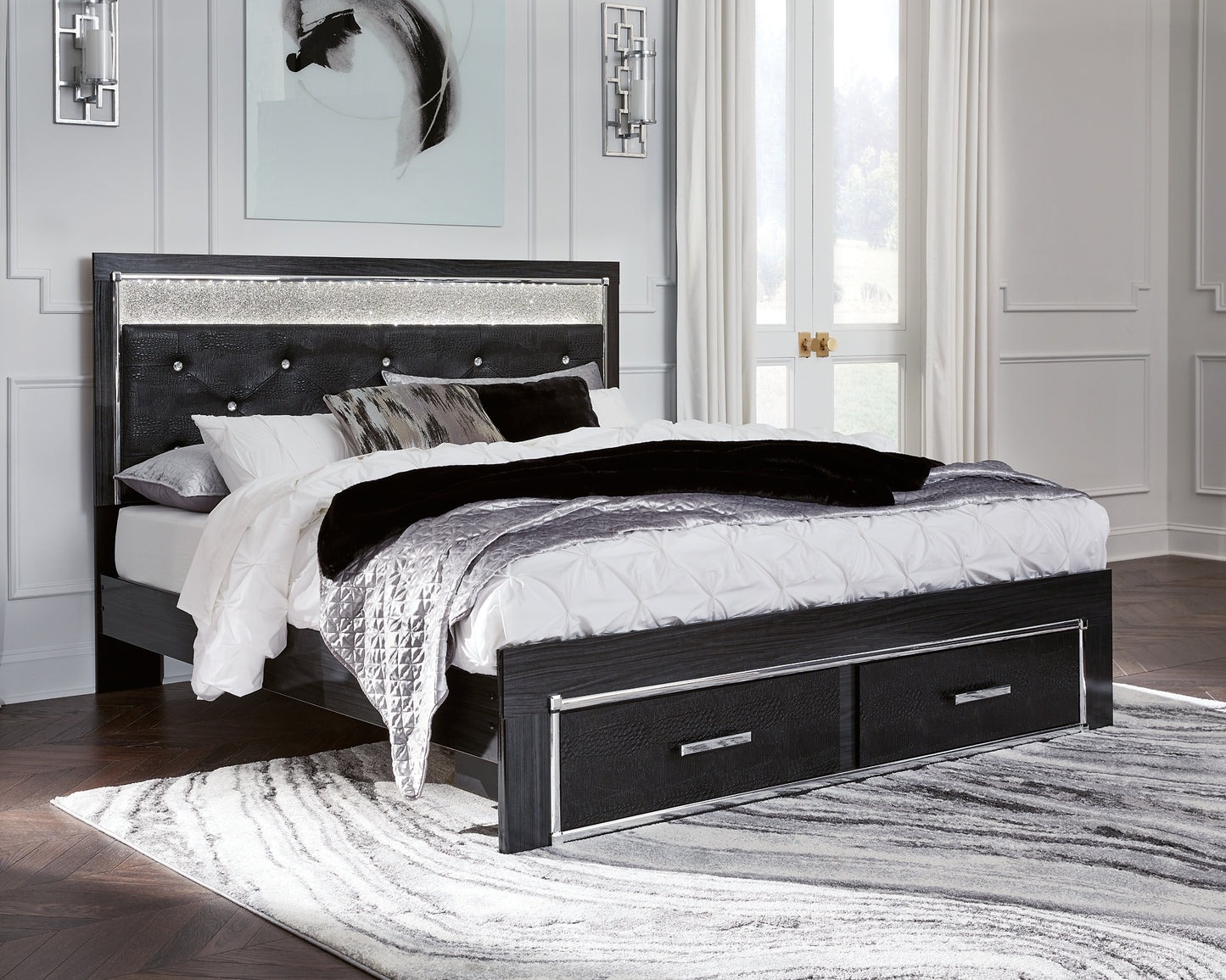 Kaydell King Upholstered Panel Storage Platform Bed with Mirrored Dresser, Chest and 2 Nightstands