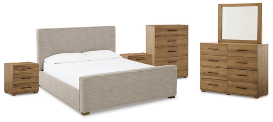 Dakmore King Upholstered Bed with Mirrored Dresser, Chest and 2 Nightstands