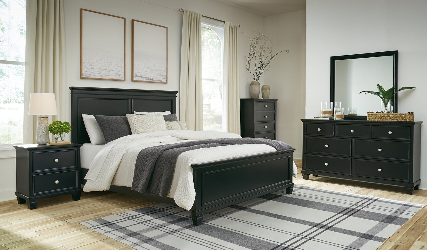 Lanolee Queen Panel Bed with Mirrored Dresser, Chest and Nightstand