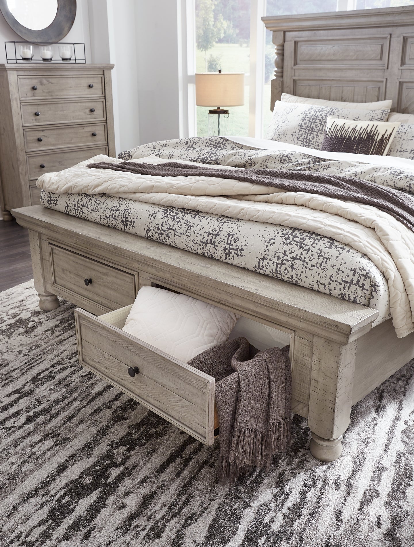 Harrastone Queen Panel Bed with Mirrored Dresser, Chest and Nightstand