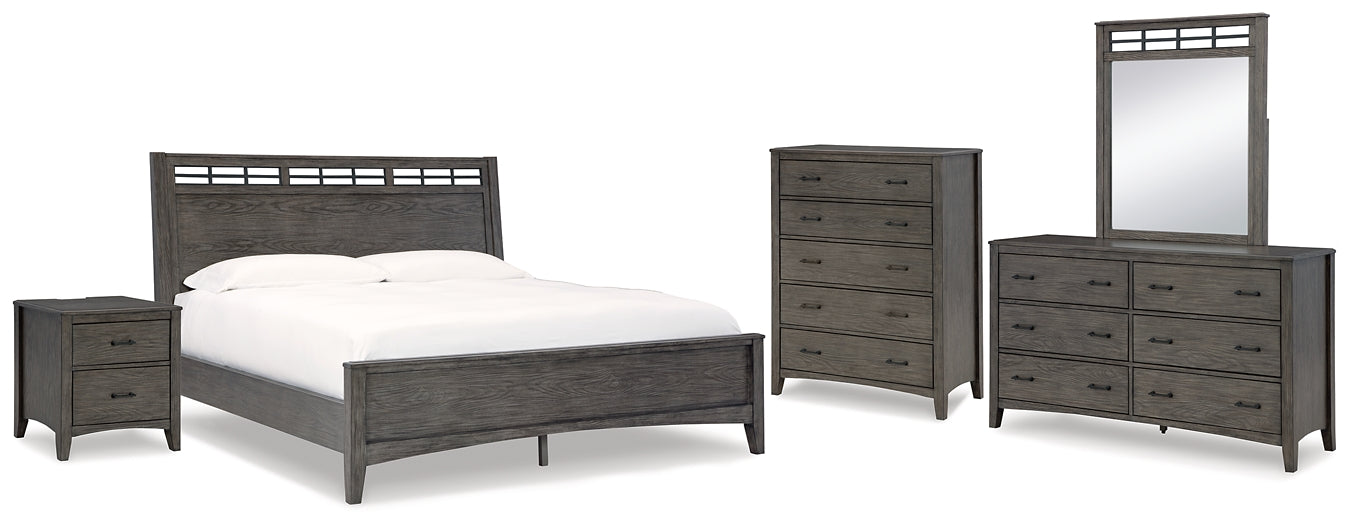 Montillan Queen Panel Bed with Mirrored Dresser, Chest and Nightstand